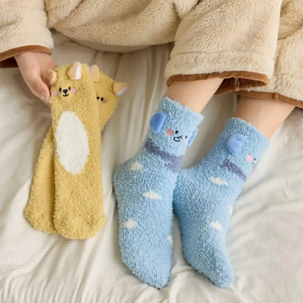 Women Warm Socks Thickened Coral Velvet Sleeping Socks Cartoon Design Mid-tube Warm Winter Socks Non-slip Indoor Cozy Footwear