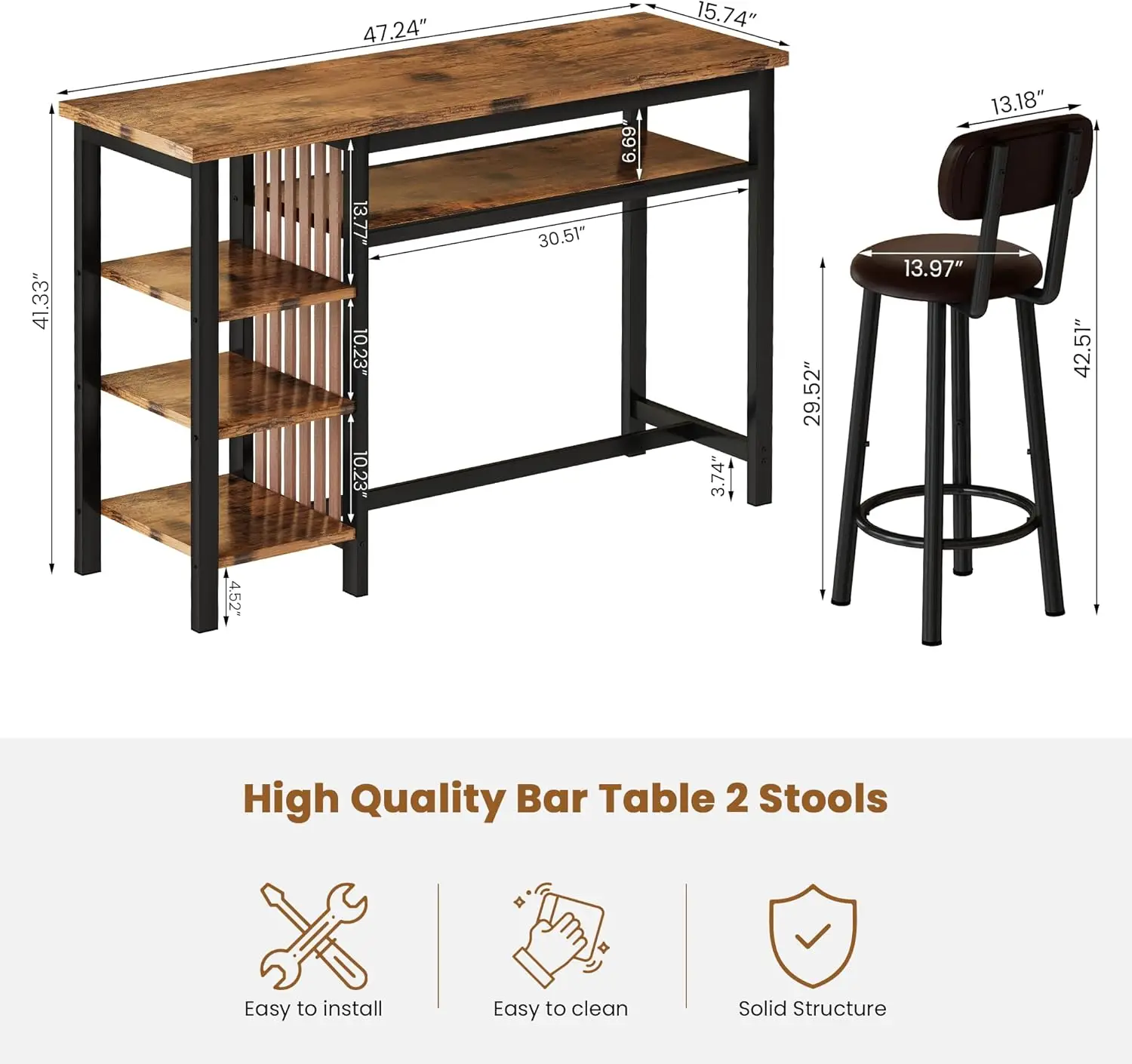 Conjunto de mesa de bar de 3 peças, conjunto de jantar moderno com altura de balcão de cozinha com armazenamento e encosto