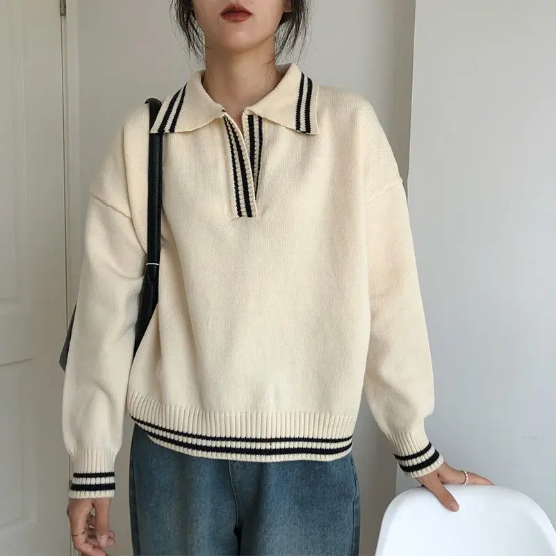 

Polo Collar Contrast Color Long Sleeve Striped Sweater Casual Knitted Pullover Winter Vintage Jumper Turn-Down Collar Sweater