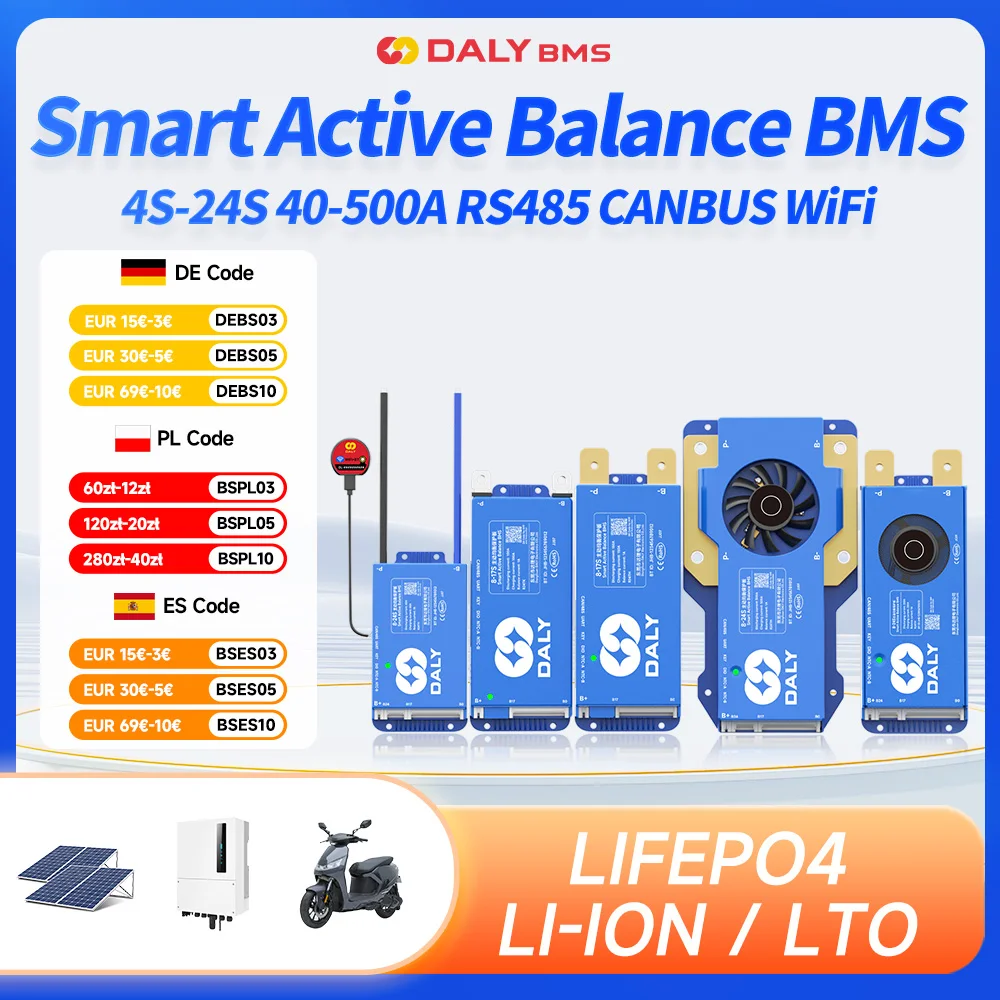 DALY BMS 40A 60A 100A 150A 200A 4S 7S 8S 10S 13S16S 24S Active Balance BT RS485 CANBUS for Lifepo4 3.2V Li-ion 3.7V LTO 2.2V