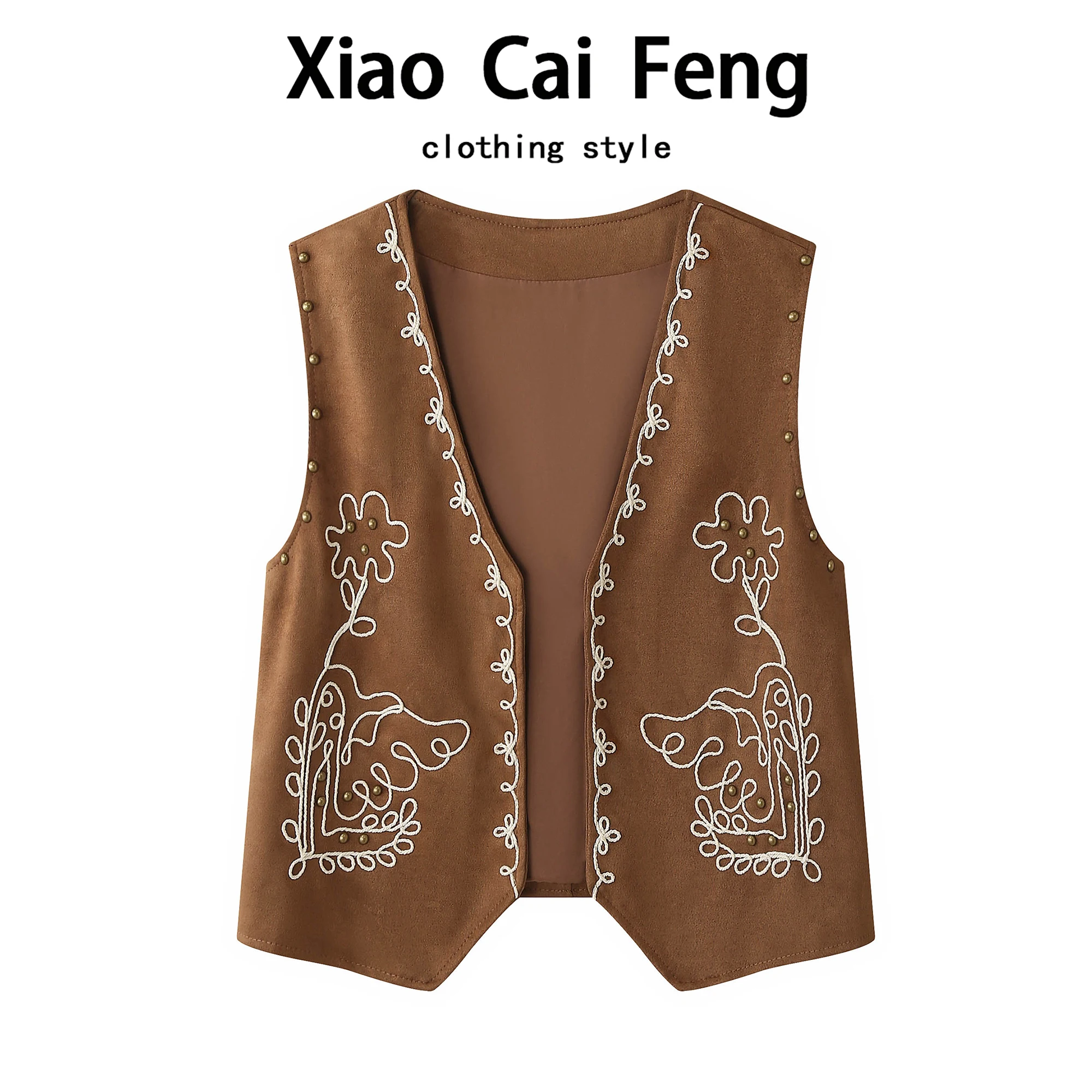 

n Sle V-Ne Embroidered Women's Vest Spring Autumn Retro Suede Jaet Outerwear Top Boho Chic Regular Fit