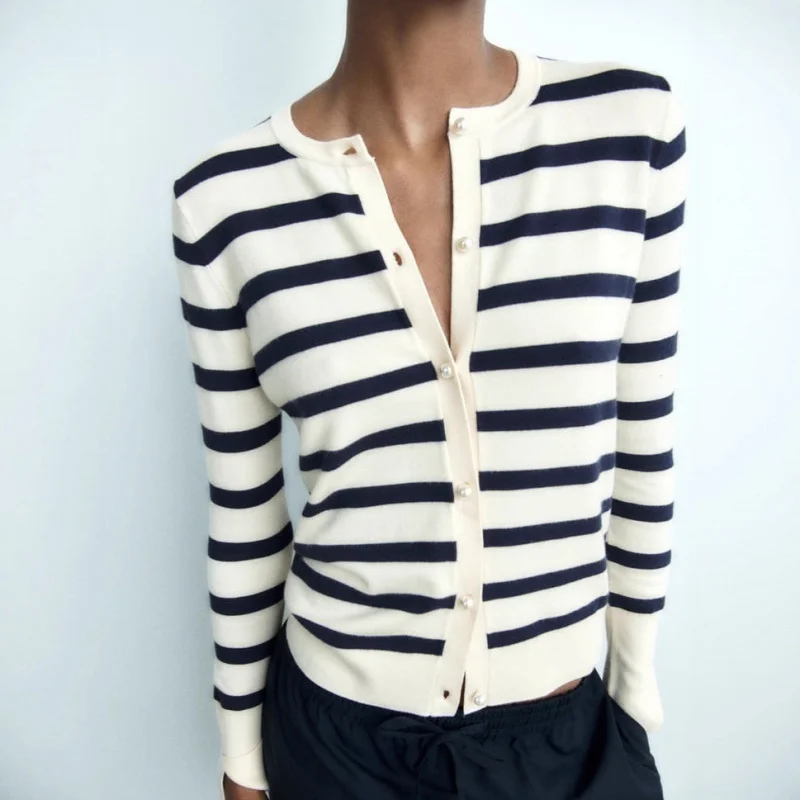 

Новый женский повседневный элегантный полосатый вязаный кардиган, французская ниша, куртка с v-образным вырезом и длинными рукавами