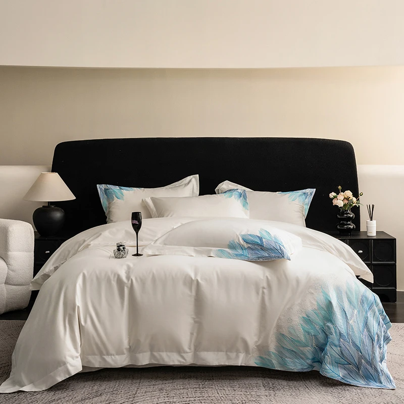 Blue Feather Embroidery Duvet Cover Sets Bed Sheet Linen Pillowcases White Egyptian Cotton Bedding Set Home Textile