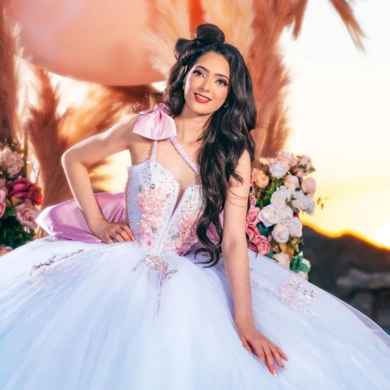 

Light Color Quinceanera Dresses Off the Shoulder Glitter Flower Layering Decal Long tail Bow Vestidoe 15 Quinceanera Customize