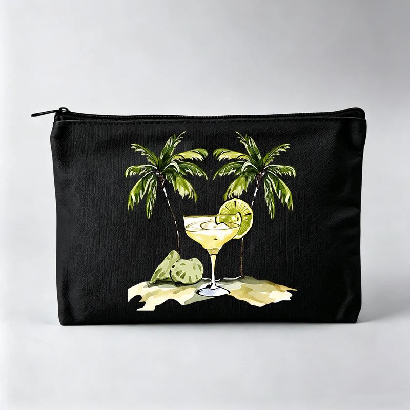 Women's Tropical Palm Tree and Cocktail Print Makeup Bag, Zipper Cosmetic Pouch for Daily Use