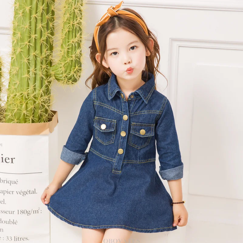 Mädchen Dunkelblaues Denim-Midikleid Koreanischer Stil Elegante Frühlings-Neuheiten Baby Kinder Langarm-Jeanskleid Für Alter 2 Bis 13 Jahre – Detail 4