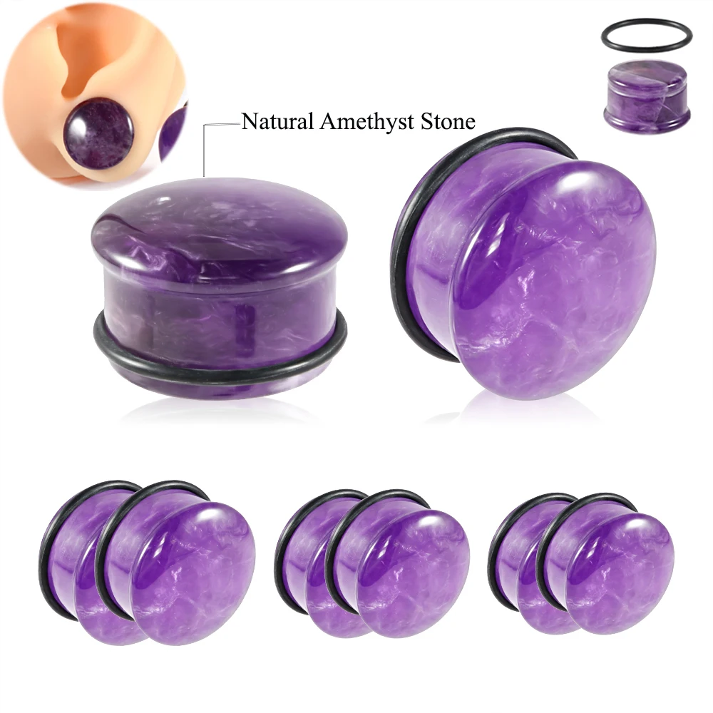 Pair Natural Amethyst Stone Single Flare Ear Gauge Plug Tunnels Ear Stretching Expander with O-Ring Unisex Body Piercing Jewelry