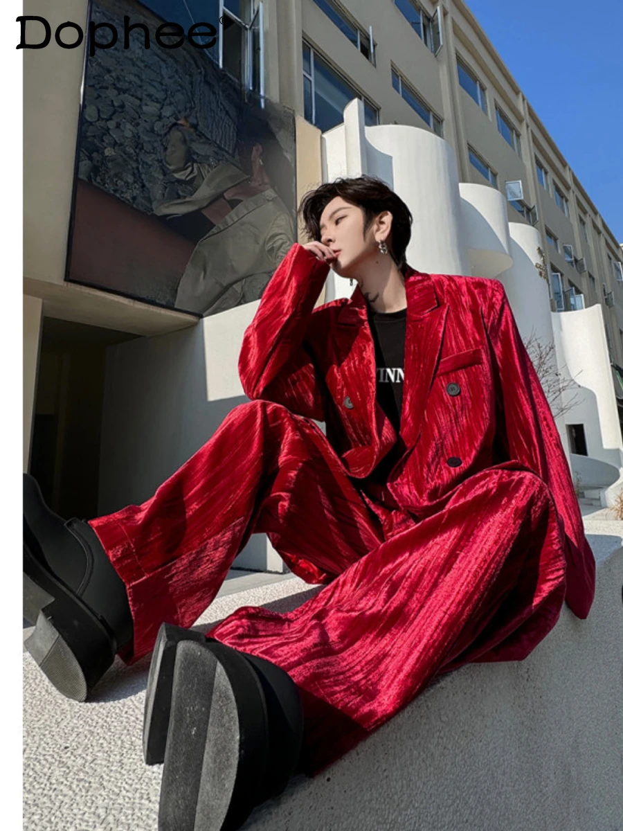 Spring 2024 New Retro Velvet High-End Suit Suit Men's Handsome Double Breasted Top Wide Leg Trousers Solid Color Two-Piece Sets