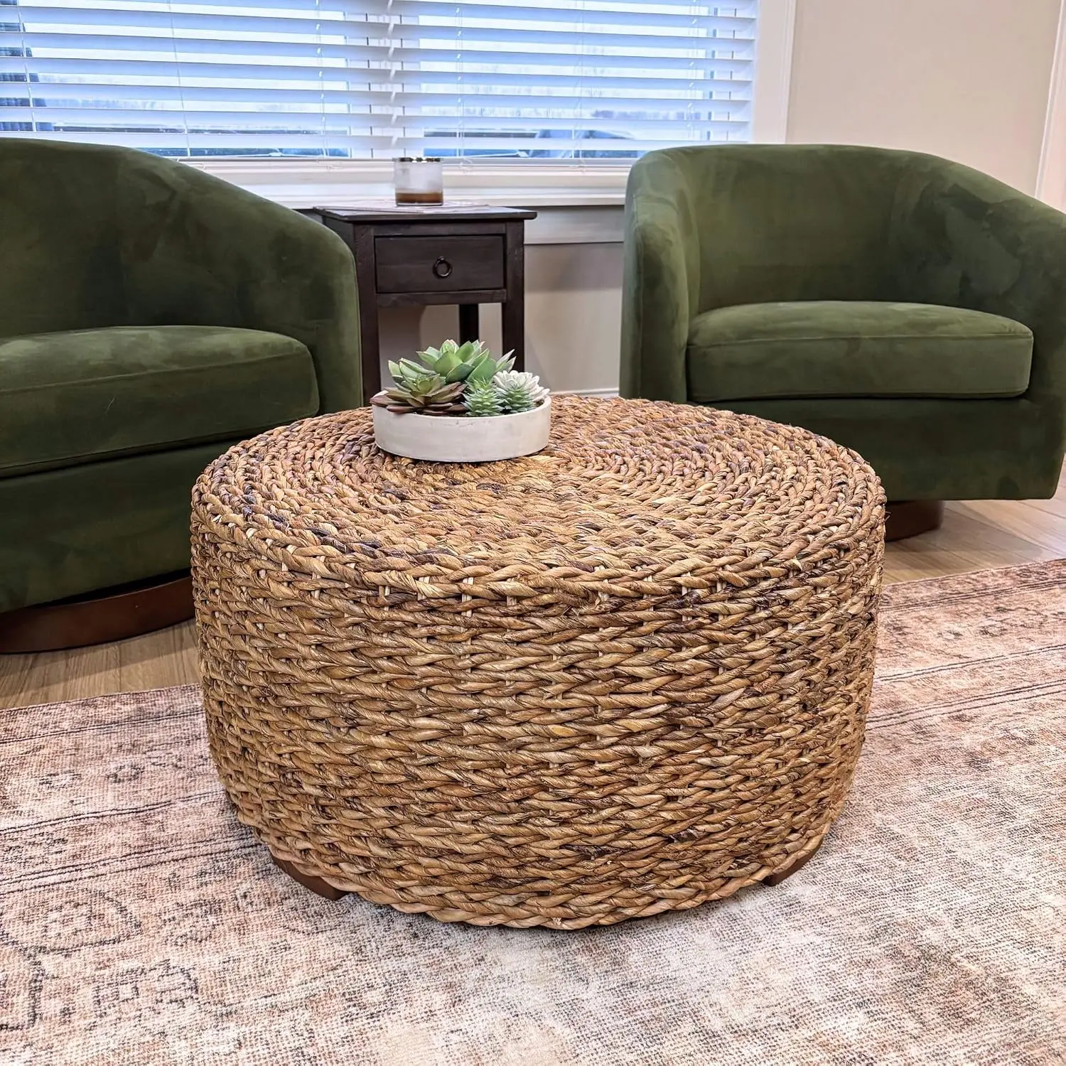 Round Rattan Coffee Table Handwoven Wicker Boho Coastal Living Room Patio 32