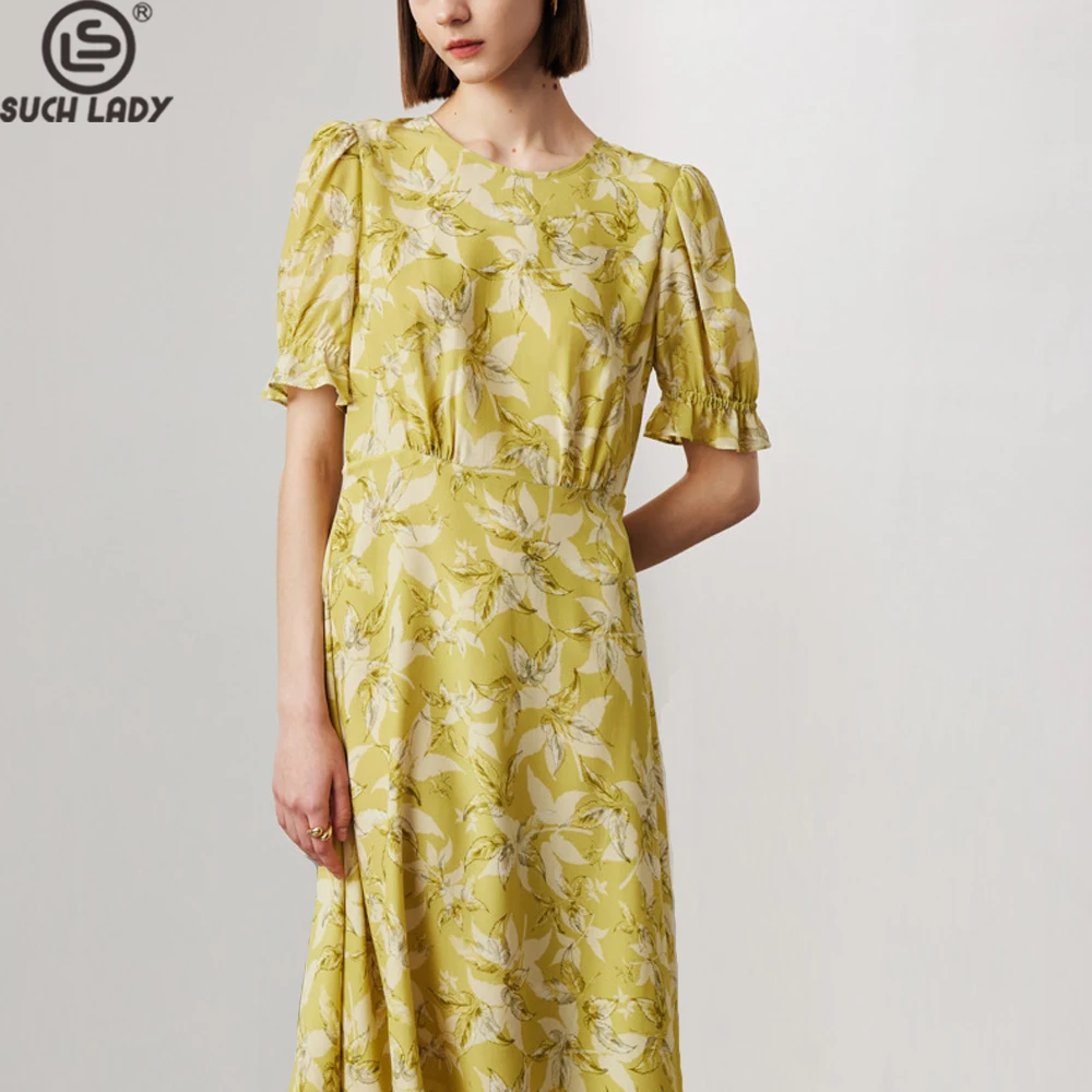 

100% Natural Silk Women's Dresses O Neck Short Sleeves Printed Elegant High Street Fashion Casual Vestidos