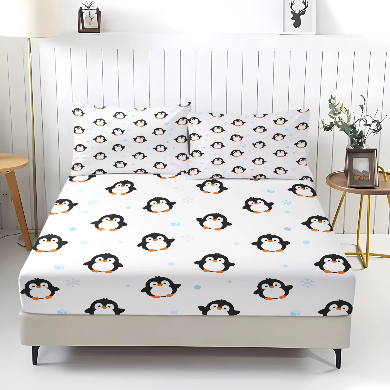 Cute Penguin Fitted Sheet Set Cartoon Penguin Snowflake Print Deep‑Pocket Mattress Cover Soft Polyester Elastic Bed Sheet Gift