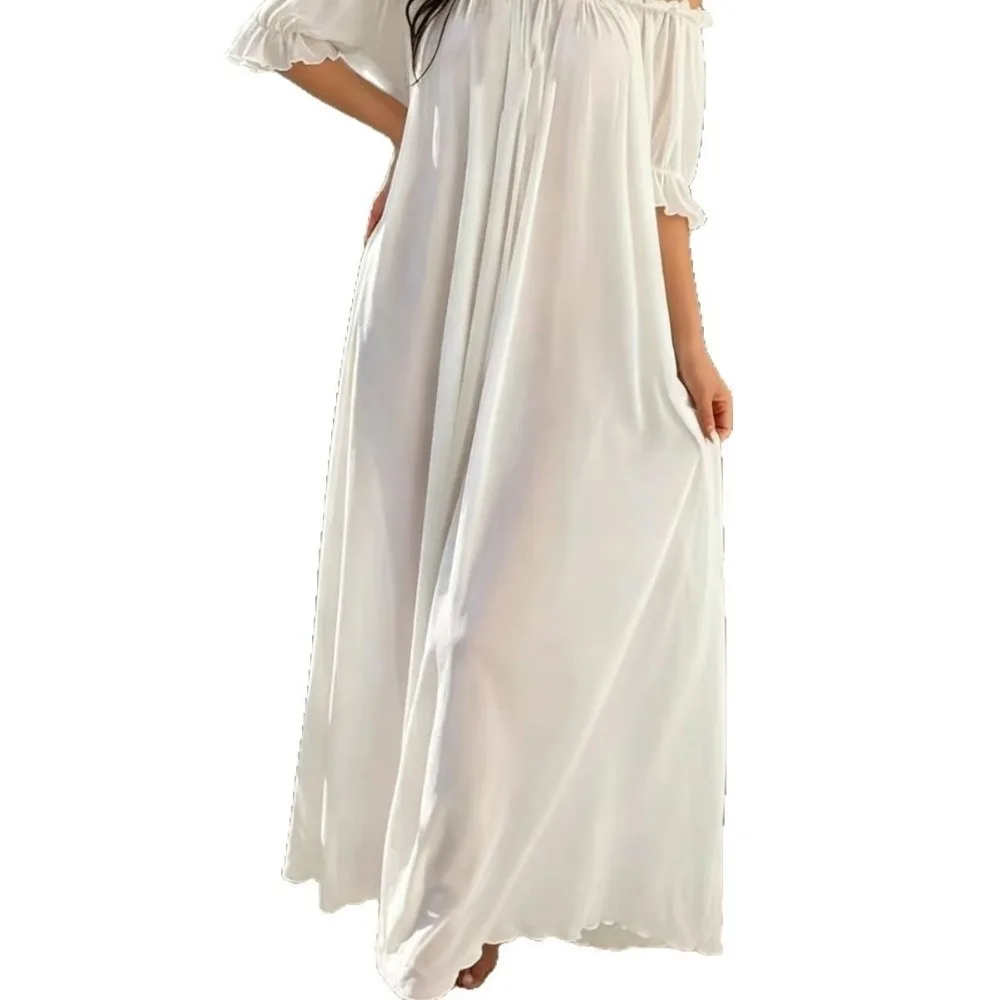 Breathable Off Shoulder Sheer Nightgown V-neck Ruffle Ladies' Nightwear Transparent Short Sleeve Long Sleeping Dress Summer Wear