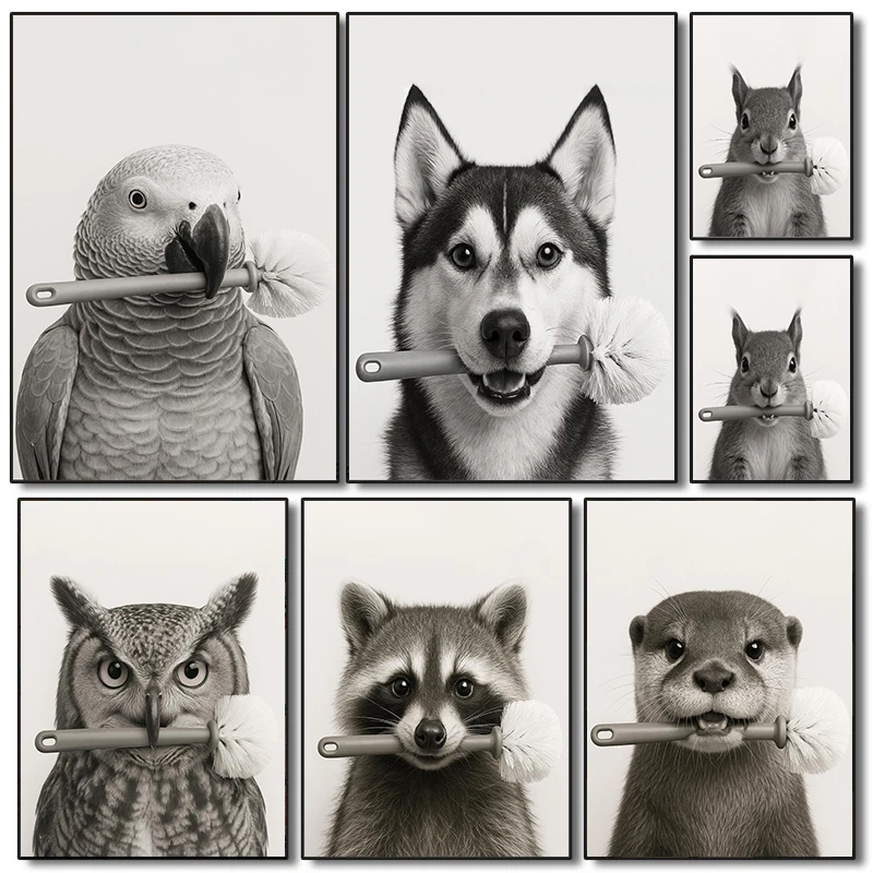 (No frame)Black and White Animal Portrait with a toilet brush in its mouth Poster Prints Canvas Wall Art Picture Home Funny B
