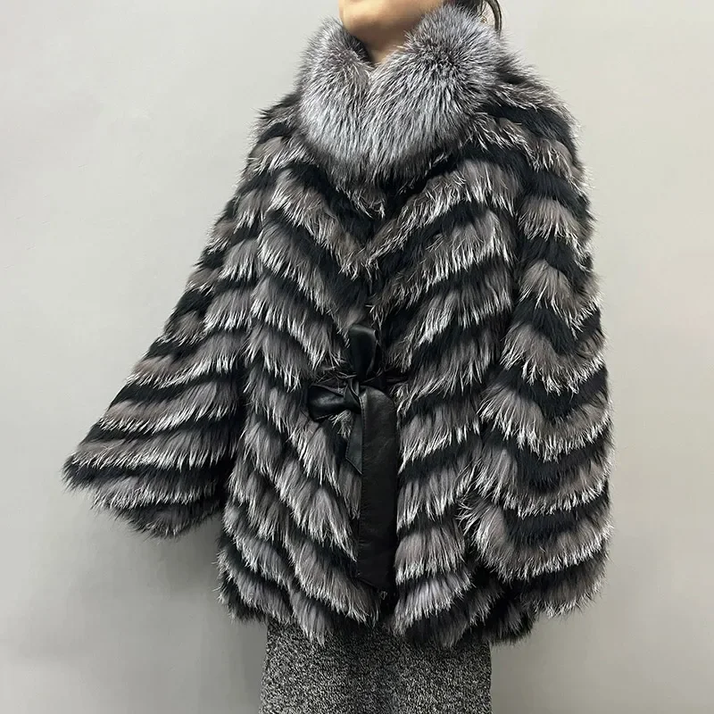 2024 Winter New Style Real Fox Fur Poncho Coats Lady Fashion Luxury Natural Fur Shawls Striped Fur Jackets