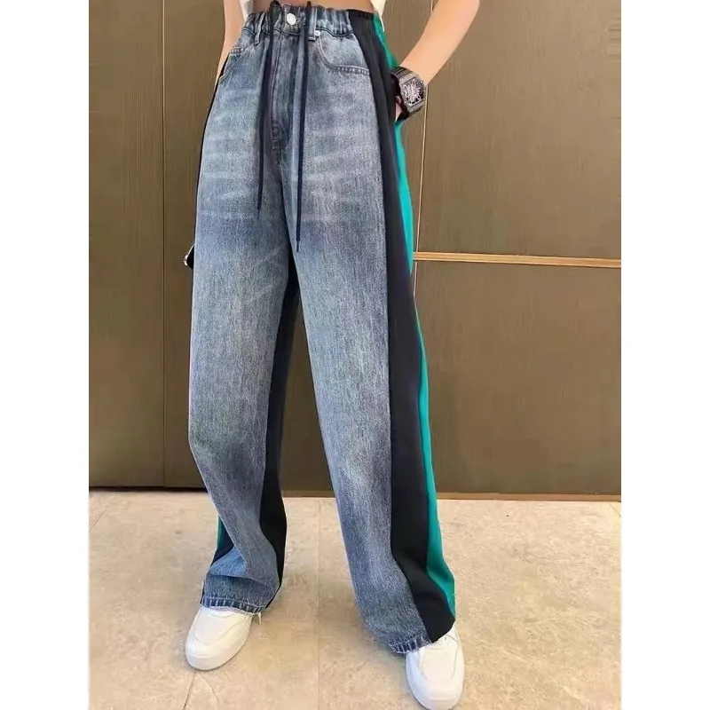 

SuperAen Splicing Denim Pants Women's Color Stripe 2023 Autumn and Winter New Style Elastic Waist Casual Jeans Women
