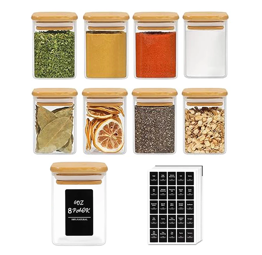 

8-piece glass spice jar with bamboo lid, 6-ounce sealed square container with 75 black labels for salt and sugar