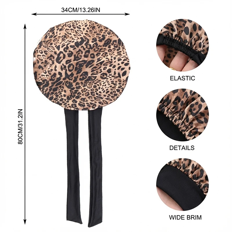 Women Leopard Print Silky Bonnet With Elastic Tie Band Hair Wrap Night Sleep Cap Shower Daily House Cap For Natural Curly Hair
