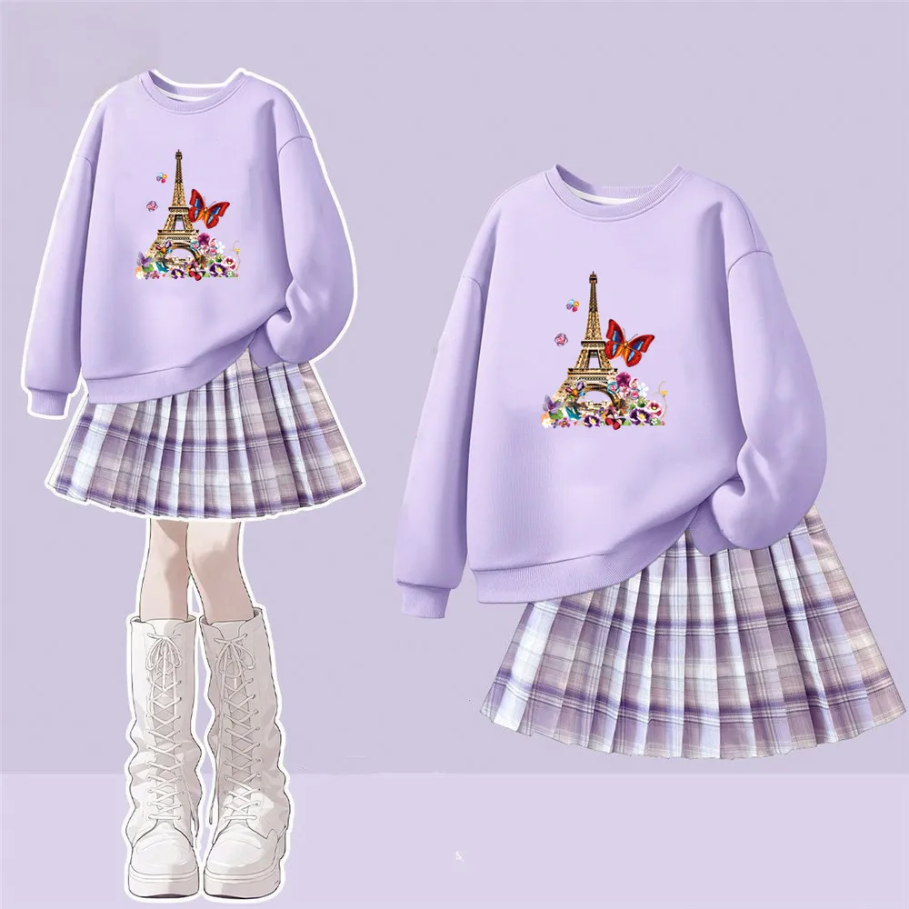 3-14 Jahre Mädchen 2-teiliges Kleidungsset Eiffelturm-Schmetterlingsdruck Sweatshirt + Plaid-Plisseerock Süßes modisches Outfit Frühling Herbst