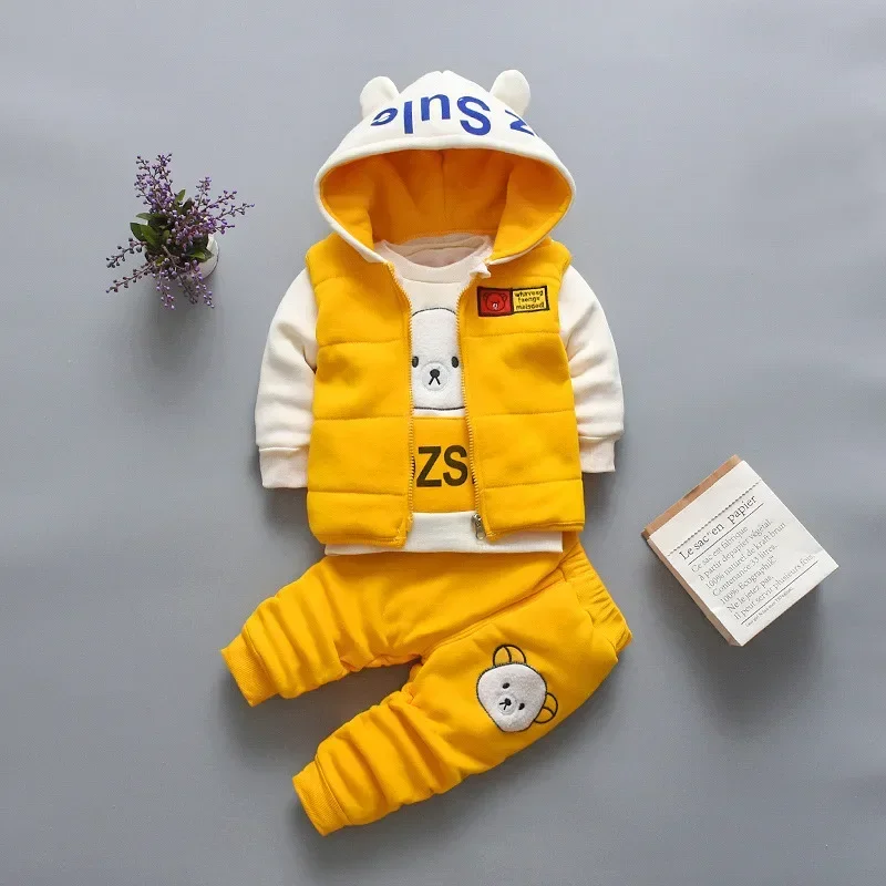 New Clothing Sets Baby Boys Girls Winter Plus Velvet Thick Flannel Fleece Homewear 3Pcs Children Warm Cartoon Sleepwear Suit