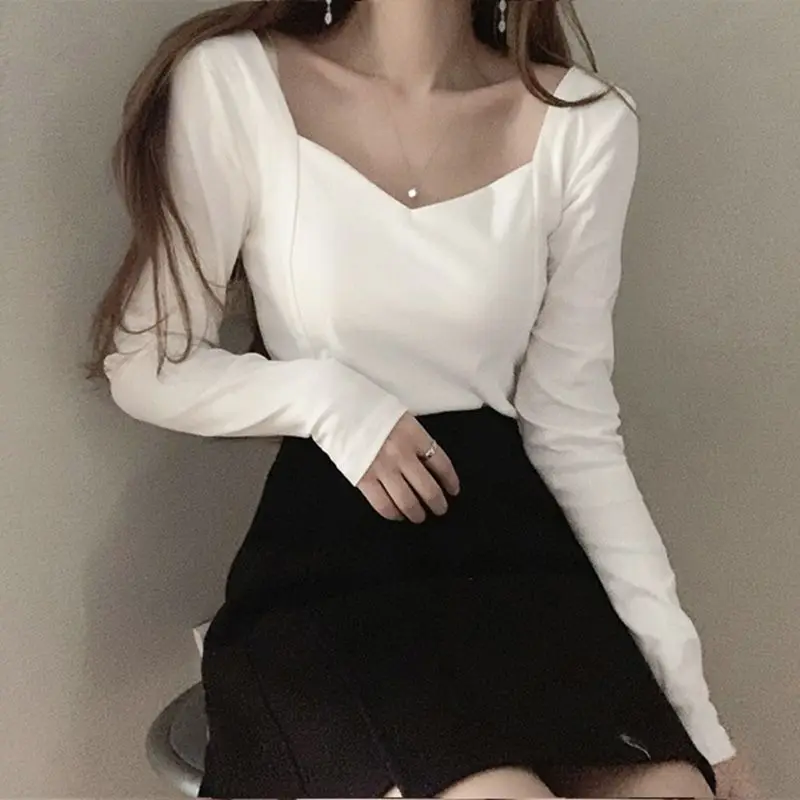 2023Women\'s Spring and Autumn New Fashion Elegant Solid Color Square Neck Retro Versatile Long Sleeve Slim Fit T-shirt Tops