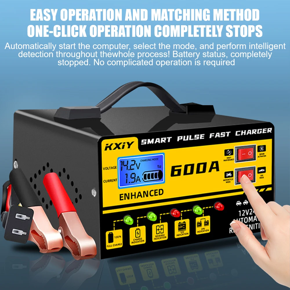 Intelligent Pulse Repair Voltage Temperature Detection 12V 24V 600A Car Battery Charger Digital LCD Display Automatic Stop