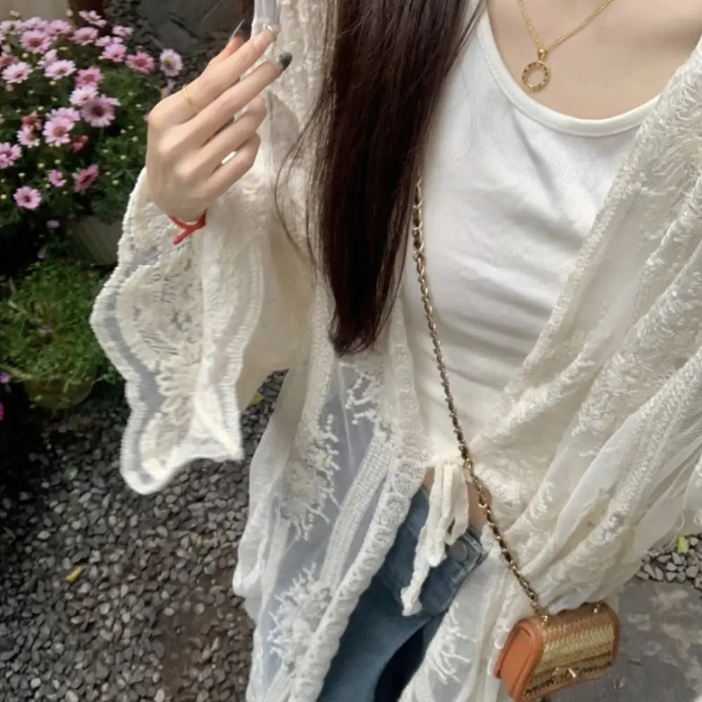 Romantic Lace-Up Lace Blouse Long Sleeve Loose Fit Crochet Top Embroidery Beach Cover-Up