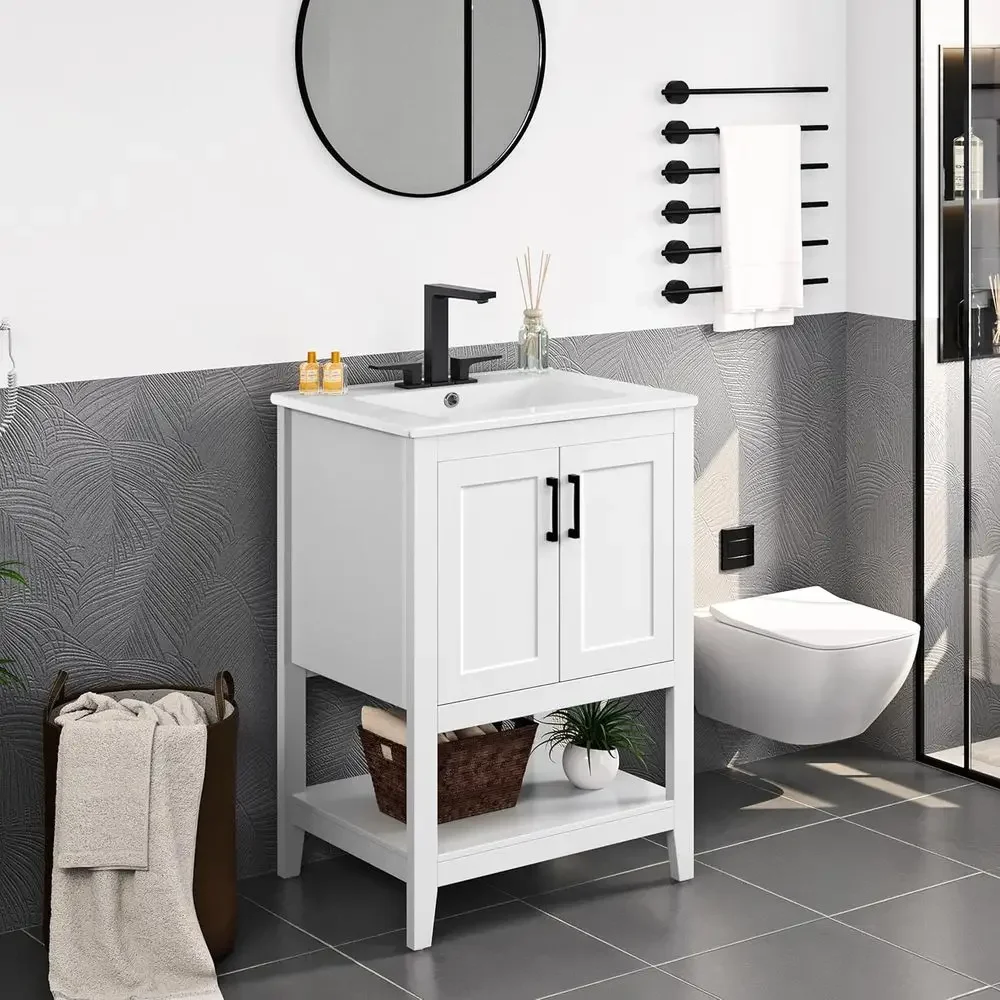24 White Bathroom Vanity with Ceramic Sink, Cabinet with 2 Doors & 1 Open Shelf