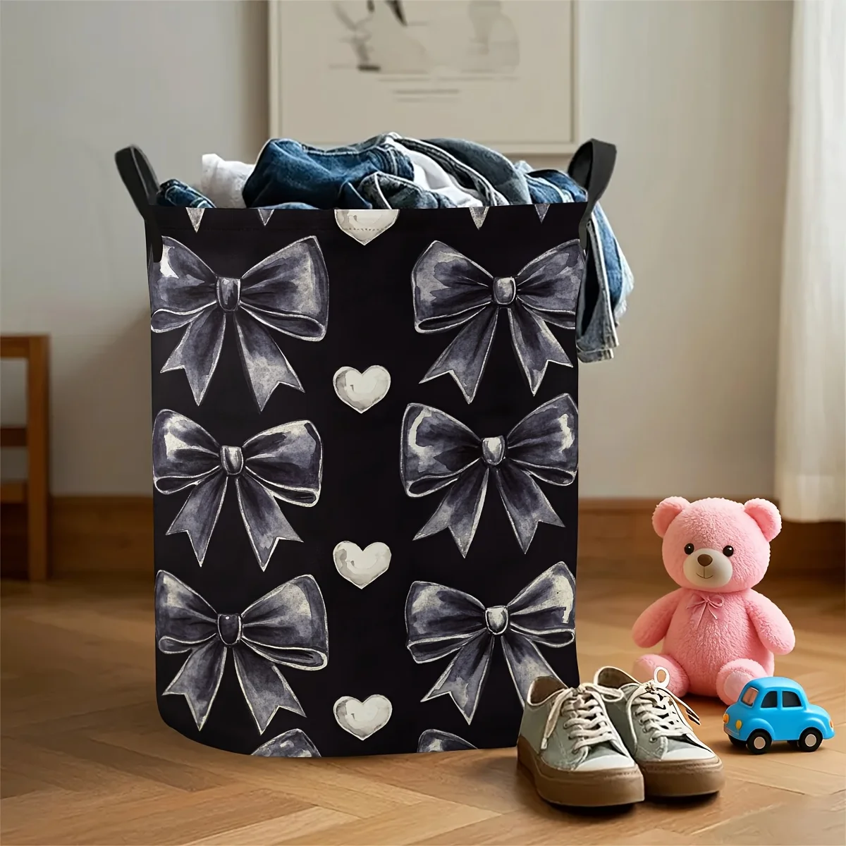 Elegant Bows Decor Foldable Space-Saving Circular Laundry Basket Contemporary Hamper with Sturdy Accent Handle
