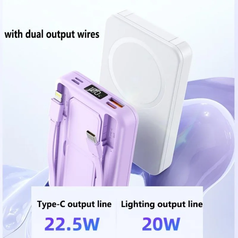 20000mAh Magnetic power Bank: Foldable bracket, wireless charging, built-in cable.Portable mini design for on-the-go.
