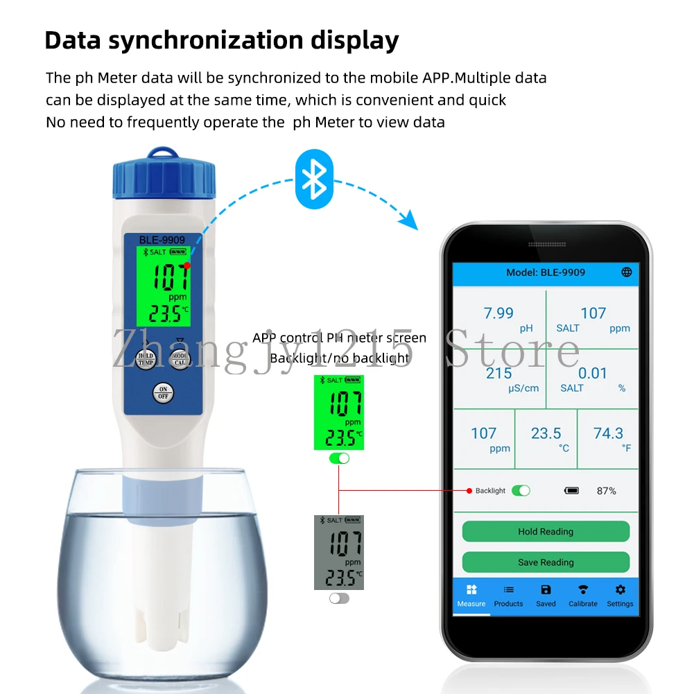 Smart Online Bluetooth Hydroponic EC Acidity Meter 5 in 1 TDS EC Acidity Meter BLE-9909 Acidity Mete