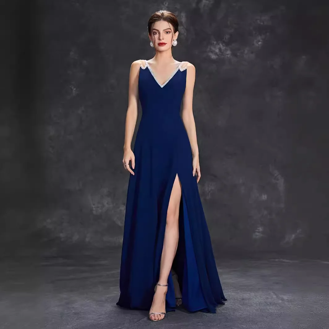 Lamour Stain 2024 Fashion And Simple Evening Dress For Women V-neck Elegant Sexy Prom Dress For Banquet Cocktail Party Vestidos