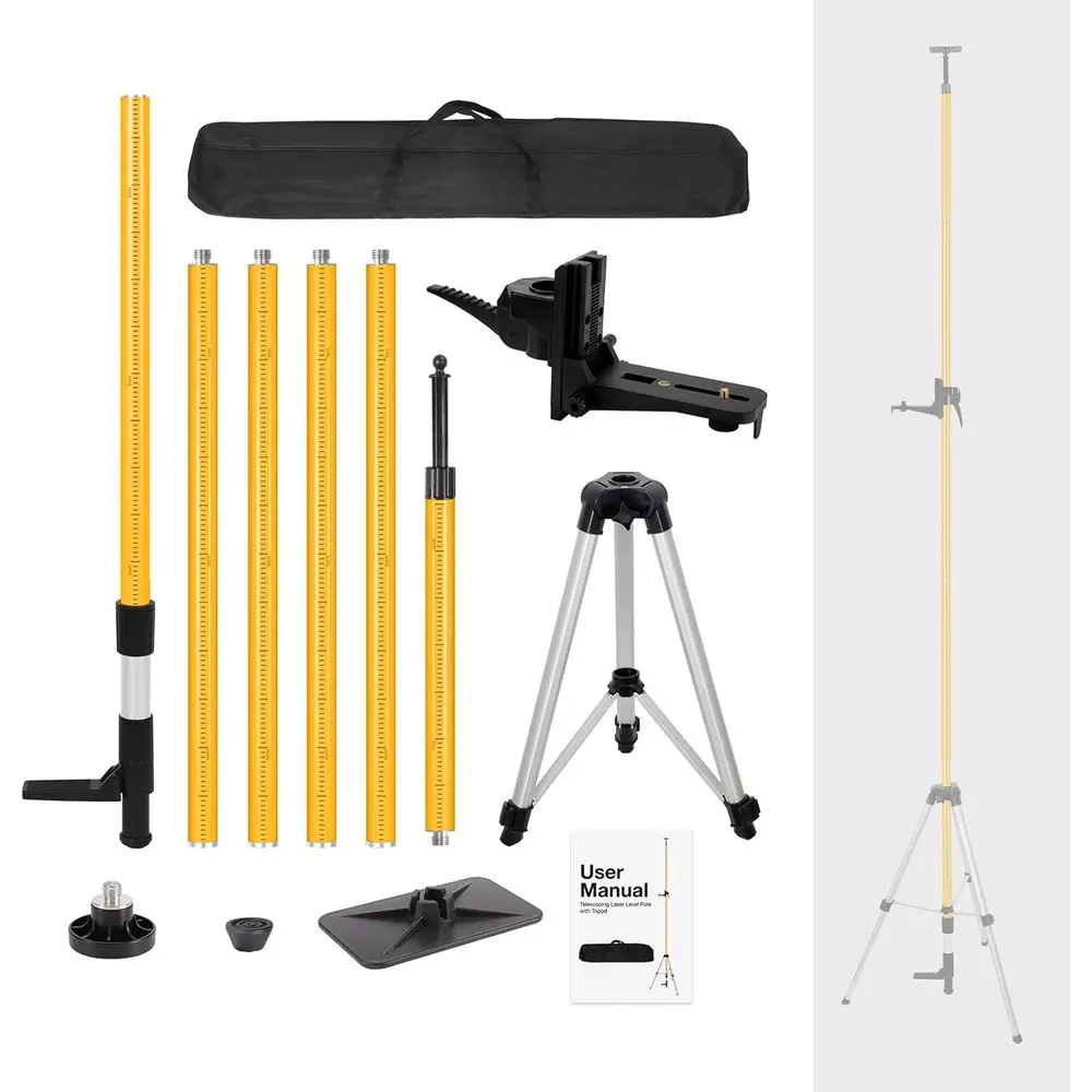 

Laser Level Tripod, 12Ft/3.6M Adjustable Telescoping Laser Pole with 23.6 Inch Extension Pole & Wide Top Plate & Bubble Level, 1