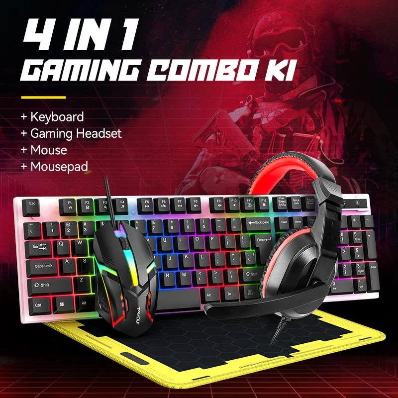 T-Wolf Tf240 4 In 1 Spanish Gaming Combo Rgb Backlit Keyboard Gaming Mouse Gaming Headset Mouse Pad For Pc Desktop Laptop Gamers