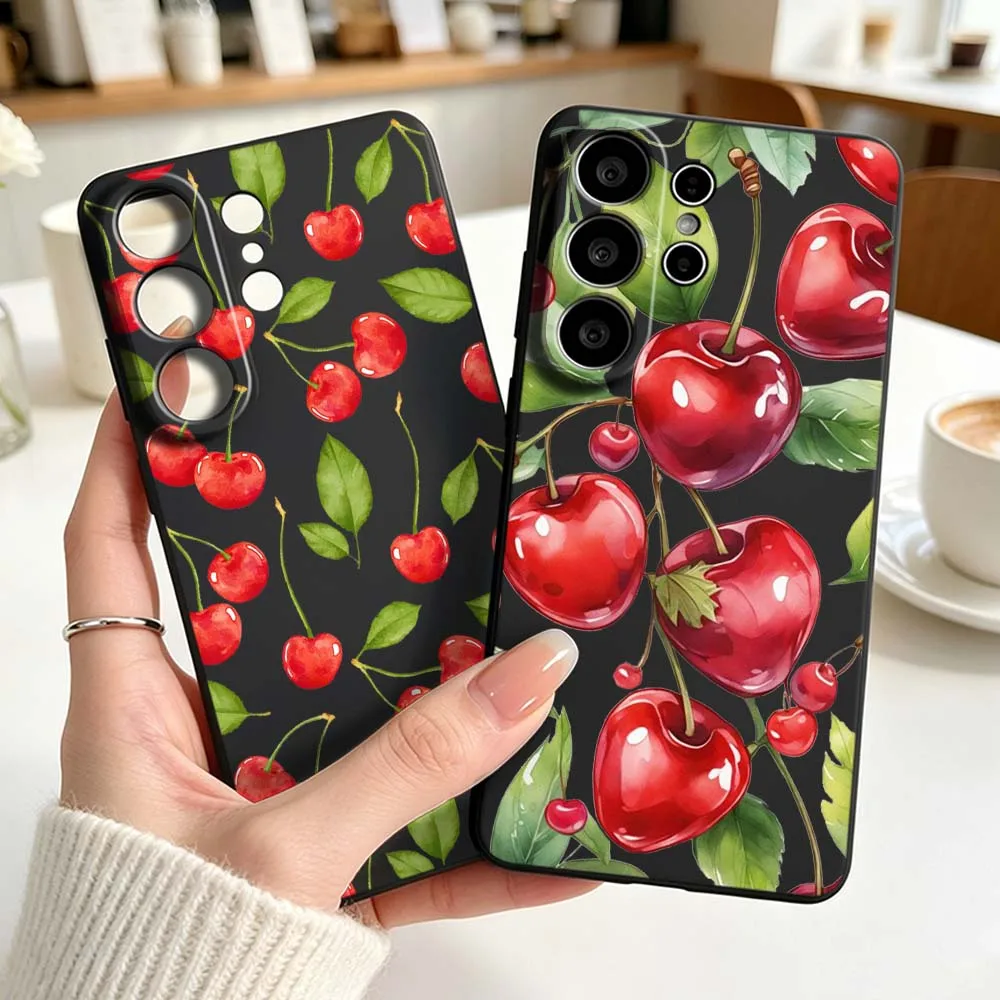 Minimalist Cherry Pattern Phone Case For Samsung Galaxy S26 S25 S24 S23 S22 S21 S20 Pro Ultra Plus FE Black Silicone Cover