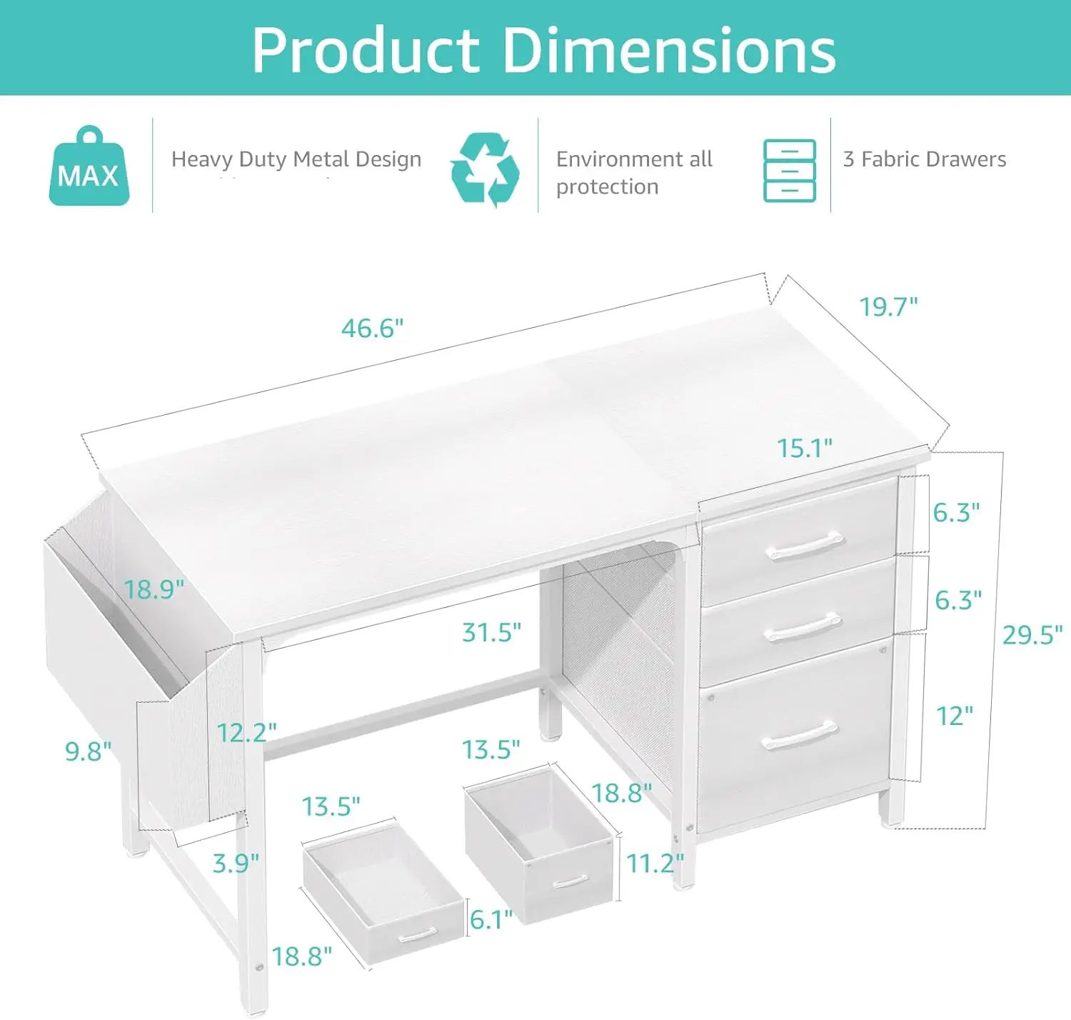 Białe biurko z szufladami na dokumenty z tkaniny, 120 cm odwracalne biurko komputerowe z szafką na dokumenty do małej sypialni