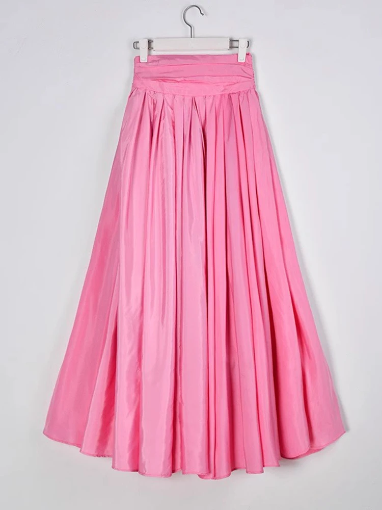 CHICEVER Pink Elegant Pleated Skirts For Women High Waist Spliced Zipper Loose Long A Line Skirt Female Formal Clothing Autumn