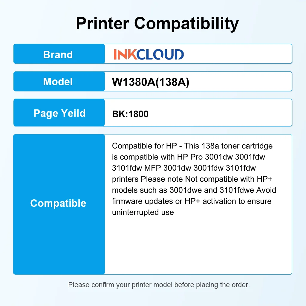 INKCLOUD 138A W1380A خرطوشة الحبر لاستبدال HP 138A W1380A 138X W1380X Pro 3001dw 3001fdw MFP 3101fdw #2