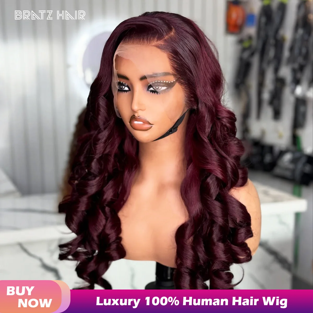 

Human Hair Lace Front Wigs Human Hair 99j Burgundy 13x4 Glueless HD Transparent Burgundy Wine Red Color Bouncy Curly Wave Wigs