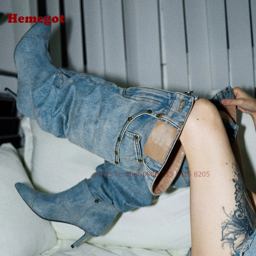 Denim Pants Boots Pointy Toe Pleated Over The Knee Boots for Women Winter 2024 Casual Rivet Pocket Decor Patchwork Luxury Shoes