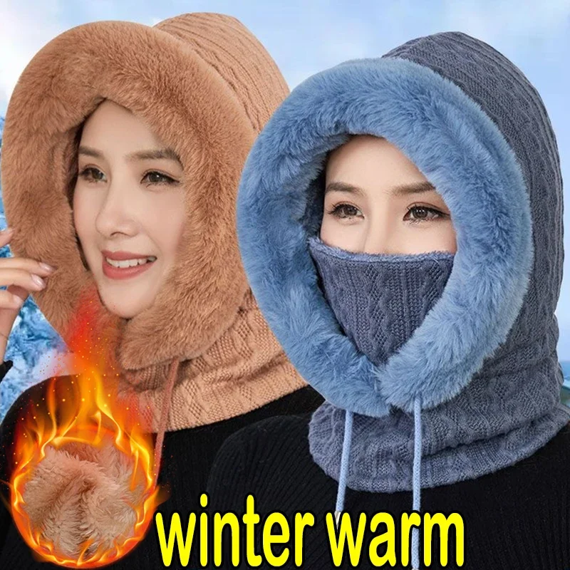 Thicken Winter Hat For Women Girls Hooded Face Mask Fluff Warmer Beanie Cap Female Knitted Black Hat Cashmere Hoodies Neck Scarf