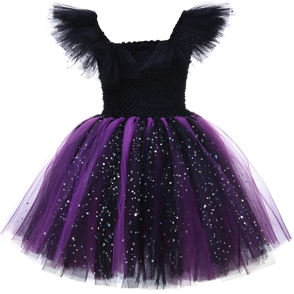 Girls Evil Queen Costume with Horns Wings Sparkly Girls Fancy Tulle Tutu Dress Kids Halloween Carnival Devil Dark Witch Dress Up