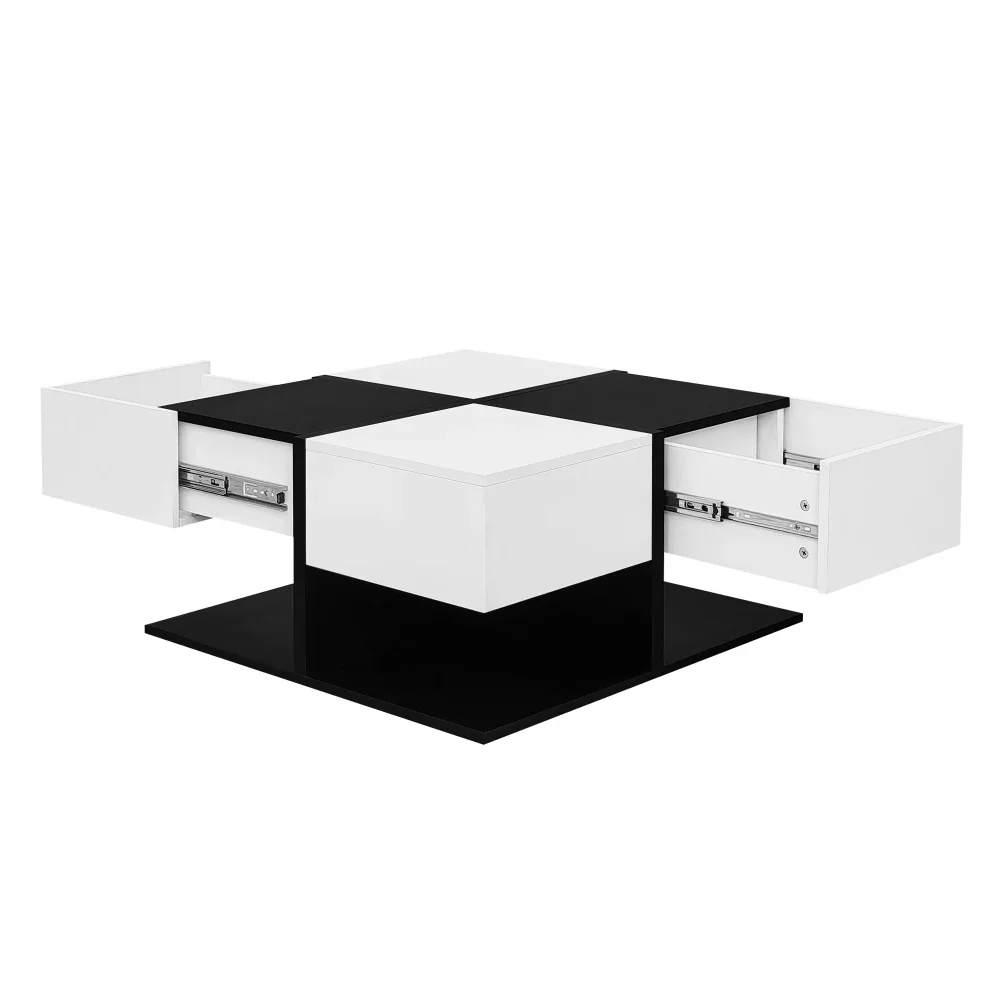 Moderner quadratischer Couchtisch in Schwarz und Weiß mit Stauraum und Schubladenschienen, 70 x 70 x 35,5 cm – Detail 16
