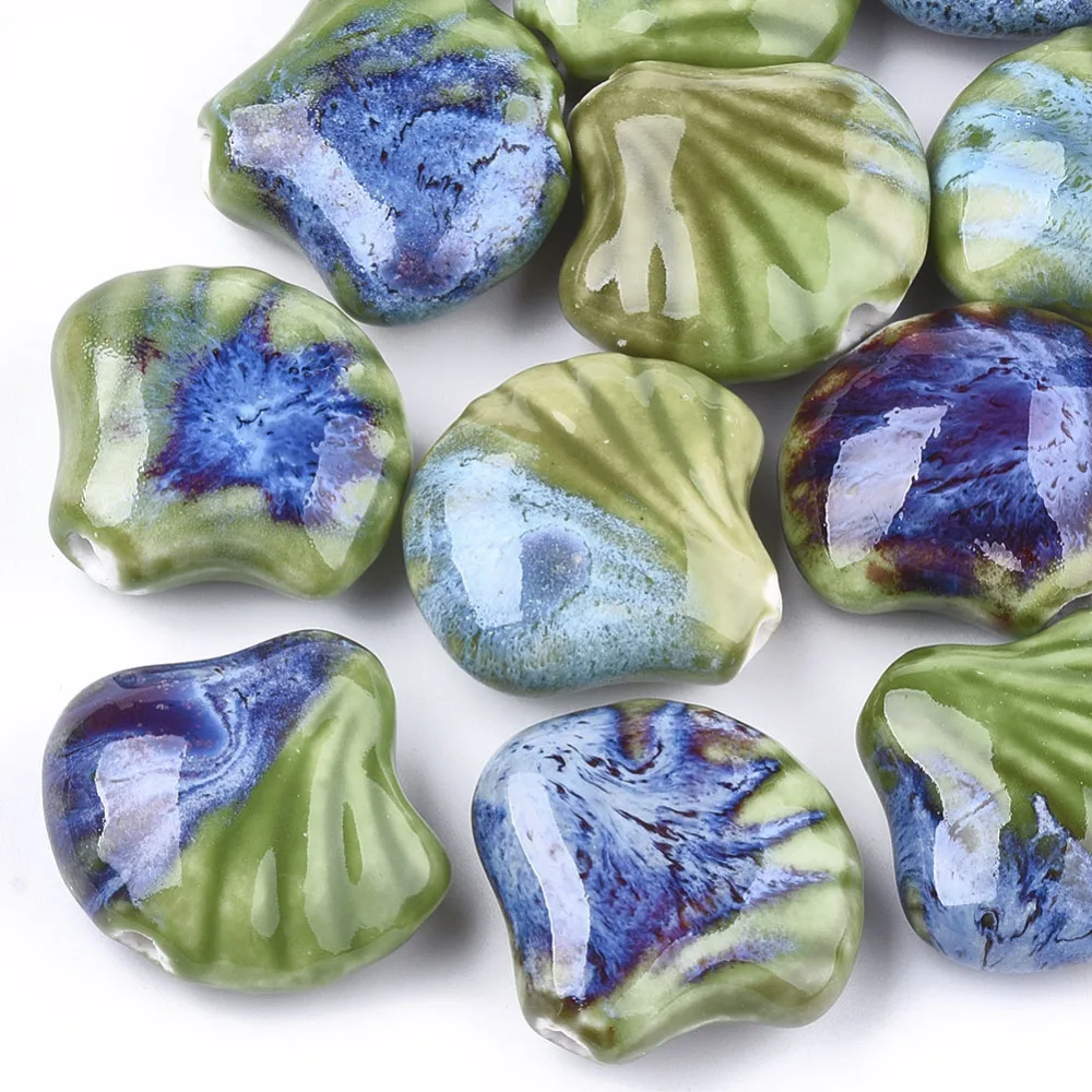 5Pcs Handmade Porcelain Beads, Fancy Antique Glazed Porcelain, Shell, Green, 28~29x32~33x12.5~14mm, Hole: 3~3.5mm