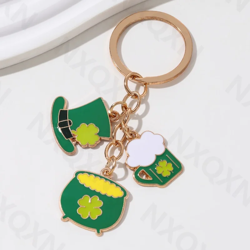 Green Four Leaf Clover Hat Cactus Enamel Keychain Plant Lucky Key Ring For Women Men Handmade St. Patrick's Day Gift Jewelry