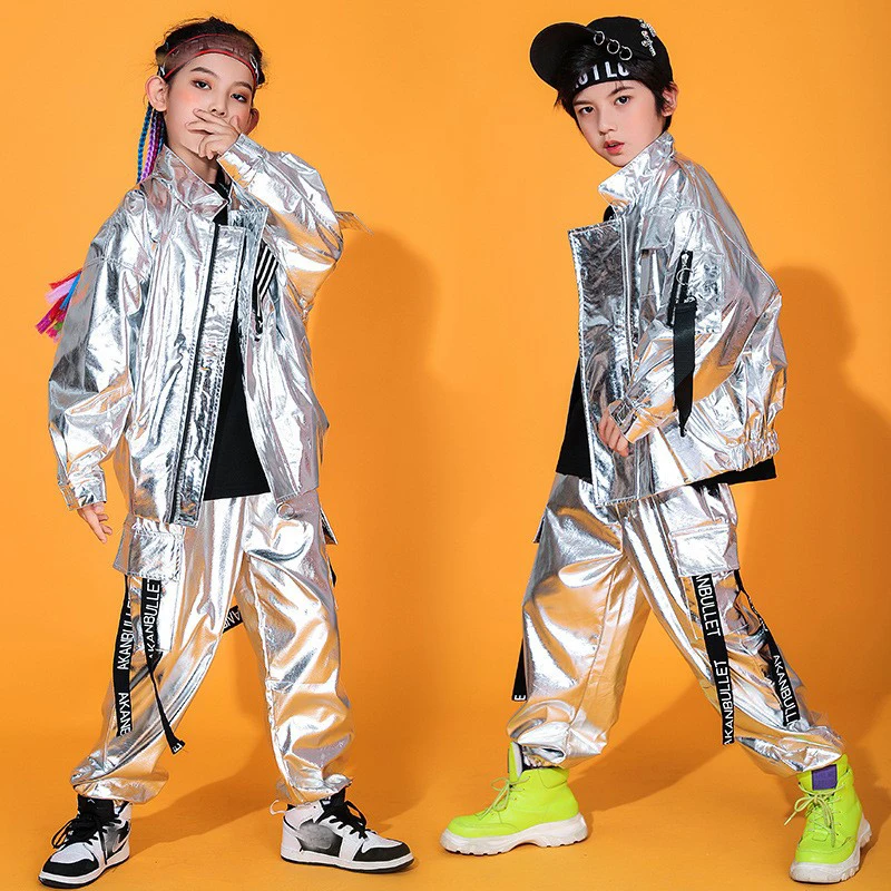 

Children'S Day Jazz Drum Street Dance Clothes Silver Shiny Leather Hiphop Outfits Ballroom Hip Hop Dance Rave Clothes DQS11314