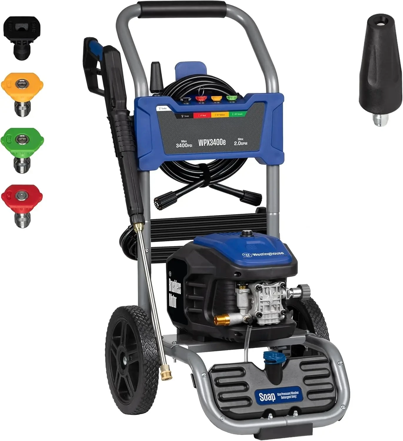 

WPX3400e Electric Pressure Washer, 3400 Max PSI and 2.0 Max GPM, Brushless Motor, Onboard Soap Tank, Spray Gun and Wand