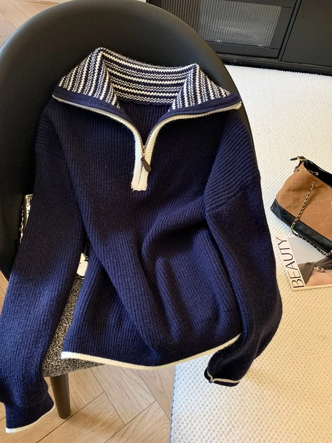 

Вязаный свитер в полоску в стиле ретро для женщин, весна-осень, с воротником на молнии, облегающий, универсальный, вязаный топ в корейском стиле, повседневный