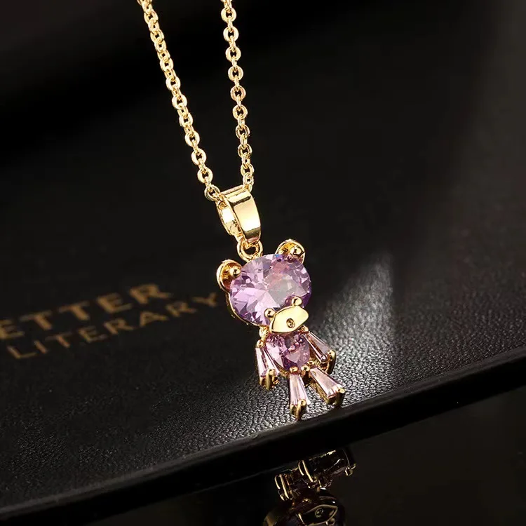 2025 New Hot Sale Cute CZ Teddy Chunky Big Crystal Bear Heart Charms For Women CZ Rhinestone Necklace Gold Plated Jewelry Gifts