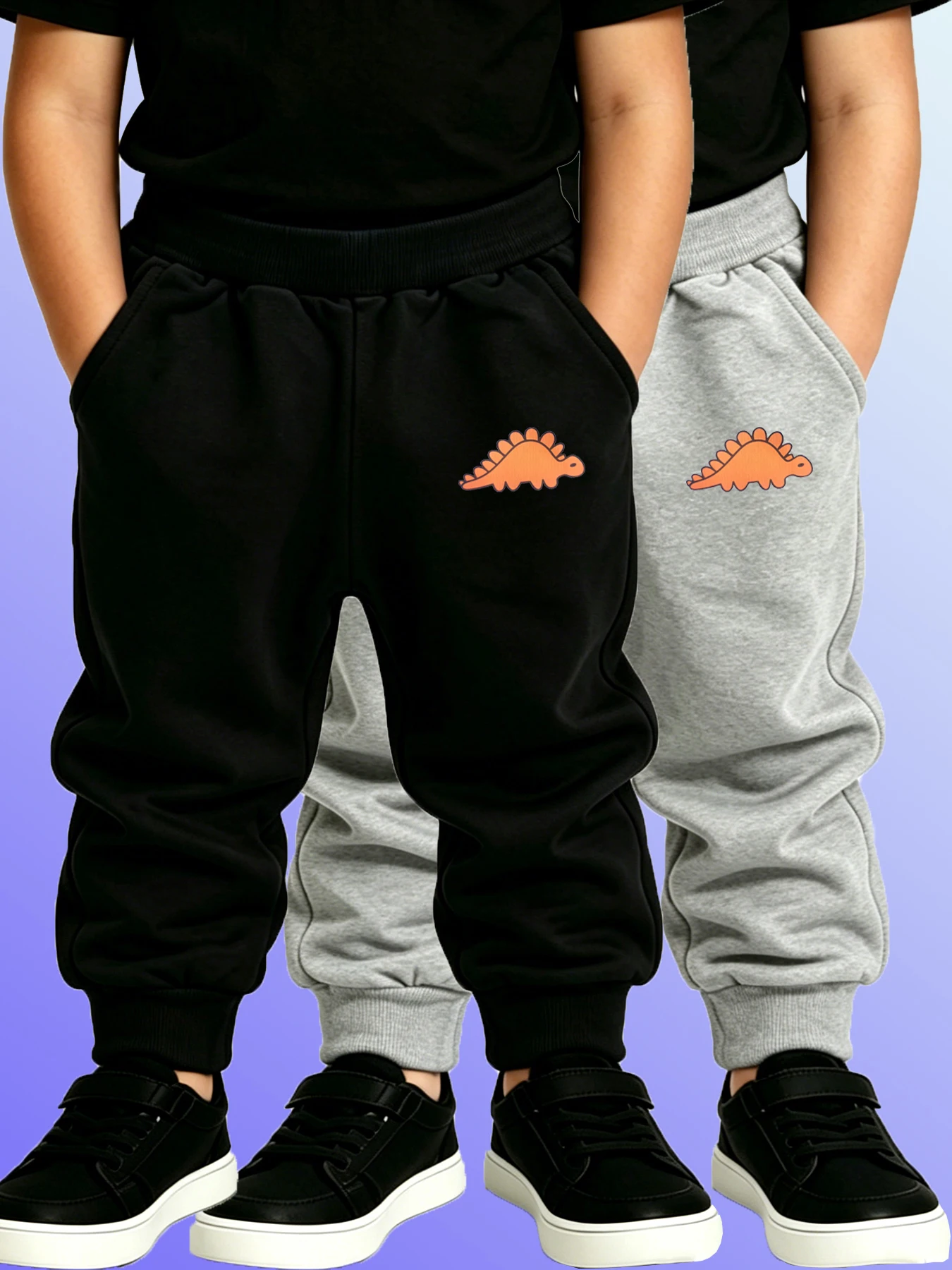 2PCS Black & Gray Children's Pants Boys Girls Casual Dinosaur Print Jogger Elastic Waist Sweatpants With Pockets Sports Trousers