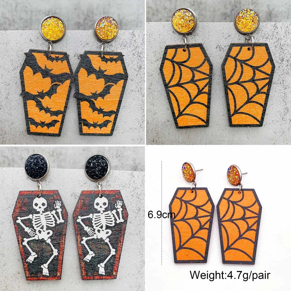 New Wooden Halloween Earrings Grave Undead Bat Coffin Skull Print Drop Earrings for Women All Hallows' Day Jewelry Gift